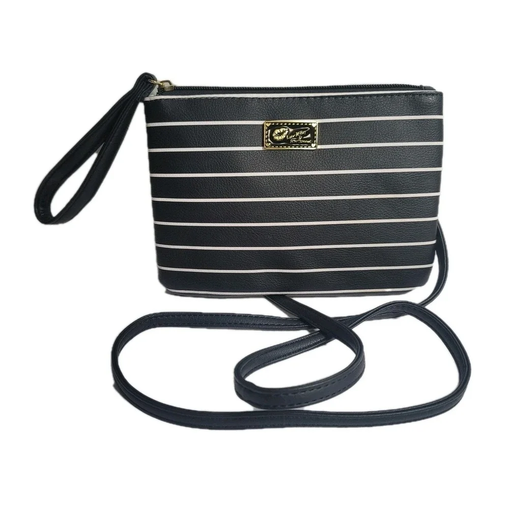 Betsey Johnson Black White Stripe Convertible Purse Wristlet Crossbody Luv Betsy